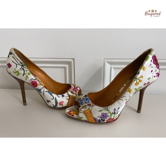 Authentic GUCCI Botanical Floral Satin & Karung Horsebit Peep Toe Pumps Size 7.5 - Picture 13 of 14